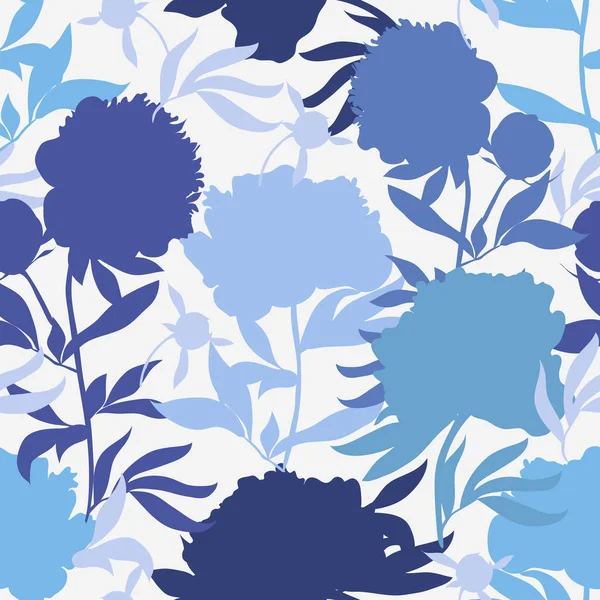 Blossom floral seamless pattern. Silhouette peony with leaves scattered random. Hand drawn flowers on blue background — Stock Vector