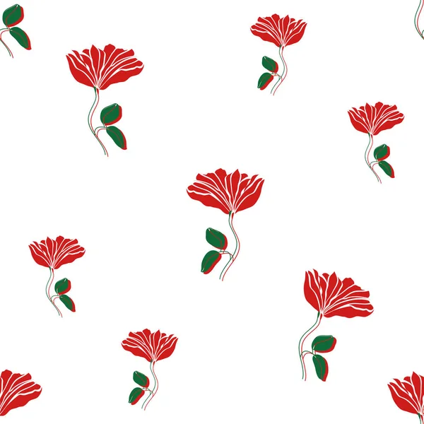 Blühen florales nahtloses Muster. Handgezeichnete rote Blumen auf weißem Hintergrund. Farbvektortextur — Stockvektor