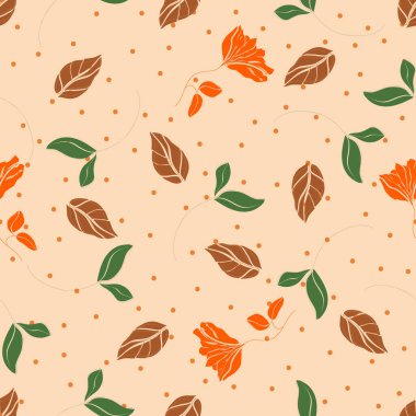 Çiçeksiz desen. Bej arkaplanda puantiyeli küçük siluet çiçekler çizdim.