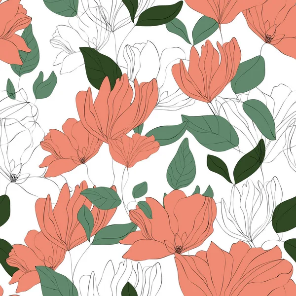 Blossom padrão sem costura floral. Motivos botânicos florescentes espalhados aleatoriamente. Flores rosa desenhadas à mão com folhas —  Vetores de Stock