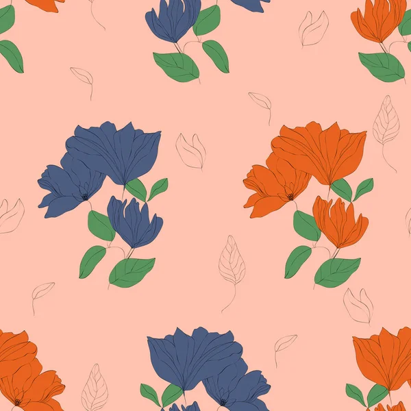 Blossom padrão sem costura floral. Flores azuis e laranja desenhadas à mão sobre fundo rosa com folhas de desenho de esboço —  Vetores de Stock