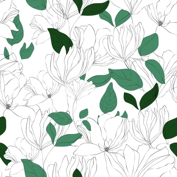 Patrón sin costura floral de flor. Motivos botánicos florecientes dispersos al azar. Flores dibujadas a mano con hojas en blanco — Archivo Imágenes Vectoriales