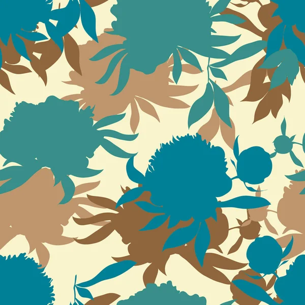 Patrón sin costura floral de flor. Peonía de silueta con hojas en colores pastel dispersas al azar. Textura vectorial abstracta — Archivo Imágenes Vectoriales