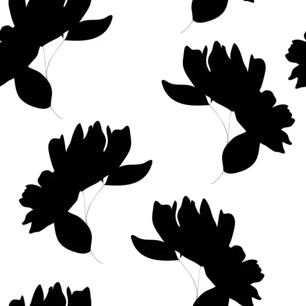 Monochromes florales nahtloses Muster. Handgezeichnete Silhouette Blumen und Blätter verstreut zufällig auf weißem Hintergrund — Stockvektor