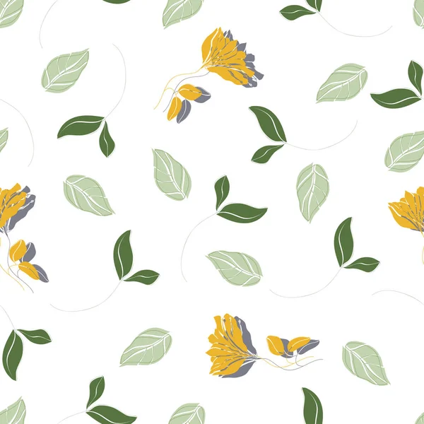 Patrón sin costura floral de flor. Flores y hojas amarillas dibujadas a mano sobre fondo blanco. — Archivo Imágenes Vectoriales