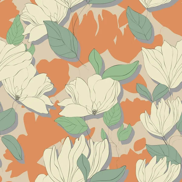 Patrón sin costura floral de flor. Florecientes motivos botánicos con siluetas. Flores dibujadas a mano sobre fondo beige — Archivo Imágenes Vectoriales