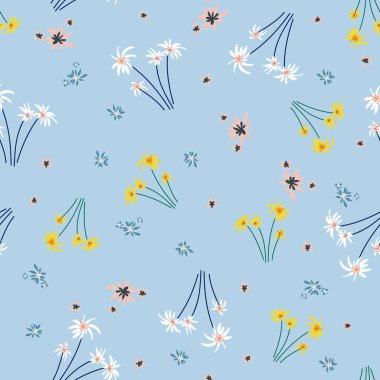 Çiçeksiz desen. Moda çiçekleri renkli vektör dokusu. Mavi arka planda el çizimi yaban çiçekleri