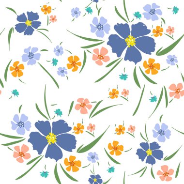 Çiçeklerin dikişsiz deseni. Gelişigüzel serpilmiş botanik motifler. El çizilmiş mavi, pembe, turuncu çiçekler