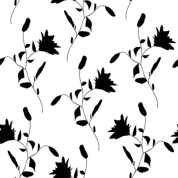 Modna czarno-biała struktura wektora. Monochromatyczny wzór bez szwu kwiatowego. Ręcznie rysowana sylwetka dzikie kwiaty na białym — Wektor stockowy