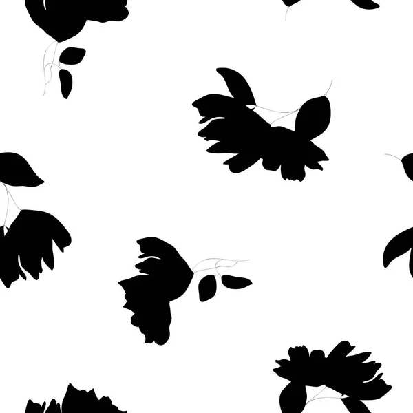 Monochrome motif floral sans couture. Fleurs et feuilles de silhouette dessinées à la main éparpillées au hasard sur fond blanc — Image vectorielle