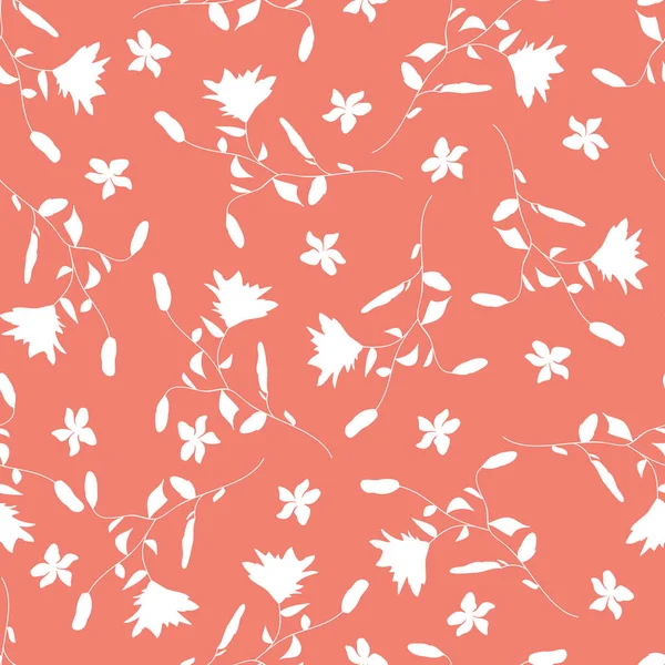 Цветочный бесшовный рисунок. Силуэт ручной работы белые цветы и листья разбросаны случайно на розовом фоне — стоковый вектор