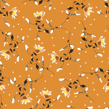 Çiçeklerin dikişsiz deseni. Dallara el çizimi çiçekler polka noktalı arkaplana çizim. 