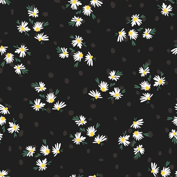 Bloesem bloemen naadloos patroon met madeliefje. Handgetekende abstracte bloemen op zwarte achtergrond — Stockvector
