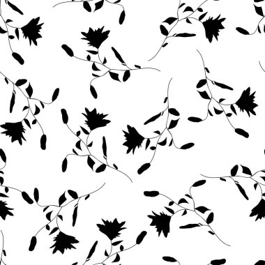Moda siyah ve beyaz vektör dokusu. Tek krom çiçekli, dikişsiz desen. El çizimi siluet beyaz üzerine yabani çiçekler 
