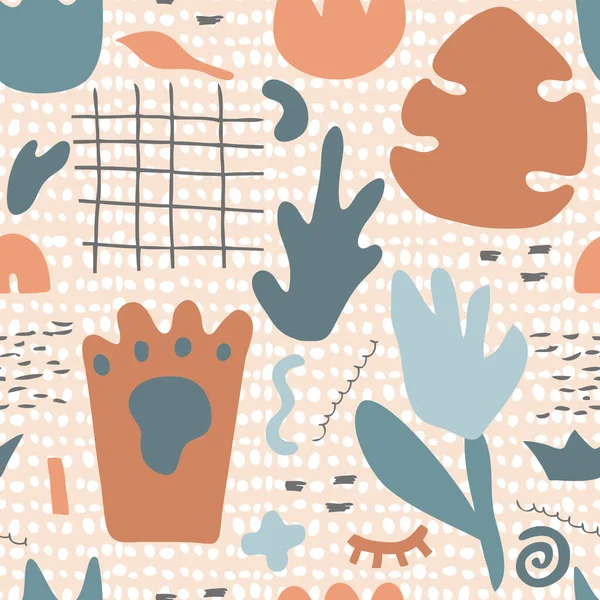 Patrón sin costura dibujado a mano formas. La naturaleza doodle elementos y objetos. Color abstracto varias hojas, flores — Archivo Imágenes Vectoriales