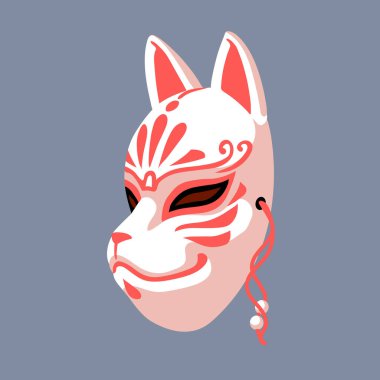 Beyaz geleneksel Japon kitsune maskesi, kırmızı desenli, halk mistik karakteri, şeytan, tilki, renk vektörü çizimi gri arka planda, clipart tasarımı