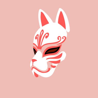 Kırmızı desenli beyaz Japon kedi maskesi, halk mistik karakteri, şeytan, pembe arka planda renk vektörü çizimi, klipart tasarımı