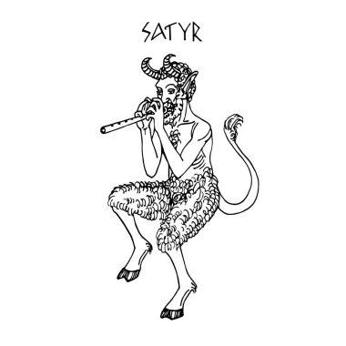 Satyr ancient greek deity of forests, a mythological character, ornament element, vector illustration with black ink lines isolated on a white background in a doodle & hand drawn style vector Satyr ancient greek deity of forests, a mythological character, ornament element, vector illustration with black ink lines isolated on a white background in a doodle & hand drawn style vector