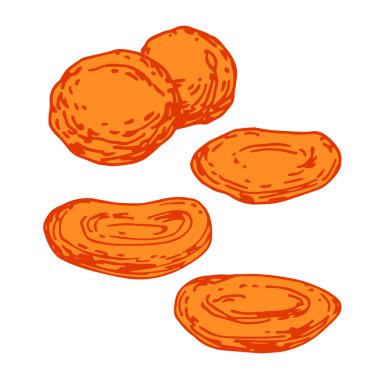 Kurutulmuş kayısılar, lezzetli yiyecekler, tatlı tatlı meyveler, turuncu çizgili renk vektör çizgileri karalama ve el çizimi tarzında beyaz arka planda izole edilmiş.