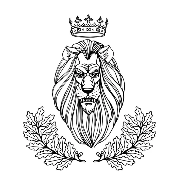 Leeuwenkop Met Een Koninklijke Kroon Een Eiken Krans Ornament Heraldische — Stockvector