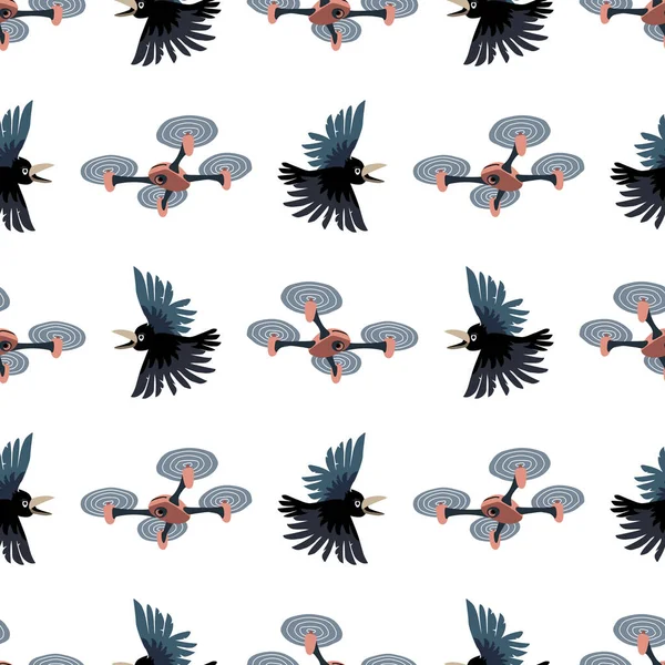 seamless pattern of a quadcopter & crow, birds vs technologies, funny concept, for textile, fabric, color vector illustration isolated on a white background in a flat & clip art design