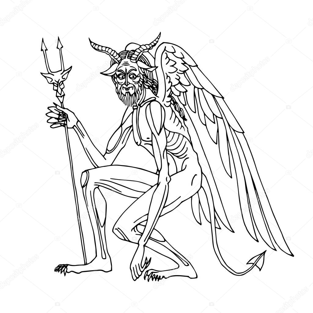 satan, devil with wings & horns, orthodox icon, religious symbol of evil, vector illustration with black ink contour lines isolated on a white background in cartoon & hand drawn style