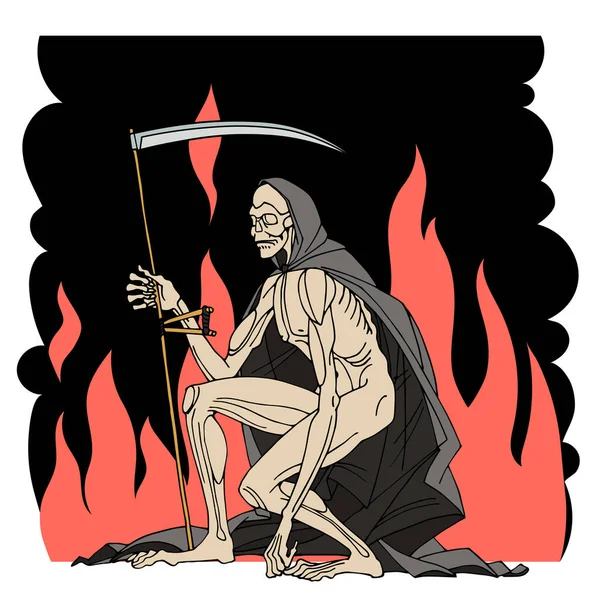 スキス 黒煙と赤い炎 厳しいリーパー スケルトン ドゥームズデイのキャラクター 漫画や手描きのスタイルで白い背景に隔離されたカラーベクトルイラストでクロークで死 — ストックベクタ