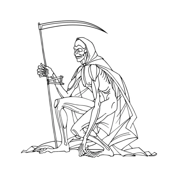 スキス ゴーストリーパー スケルトン ドゥームズデイのキャラクター 黒インクの輪郭線を持つベクトルイラストが描かれたクロークでの死は 漫画や手描きのスタイルで白い背景に隔離されています — ストックベクタ