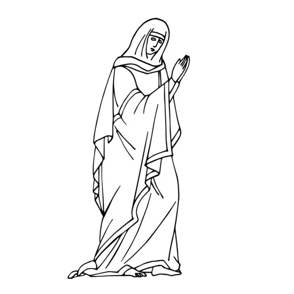 holy virgin Mary in prayer pose from orthodox icon, biblical character, vector illustration with black ink contour lines isolated on a white background in hand drawn style