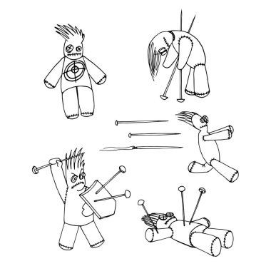 İğne ve iğneli mistik vudu bebekleri, kara büyü ve acının sembolü, karalama ve el çizimi tarzında beyaz bir arkaplanda izole edilmiş siyah mürekkep çizgileri olan vektör çizimleri.