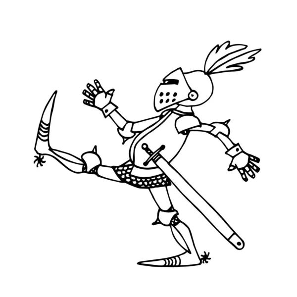 身着中世纪盔甲 头戴长剑 头戴羽毛步行头盔的滑稽骑士 带黑色墨水线的矢量图案 以涂鸦和手绘风格隔离在白色背景上 — 图库矢量图片