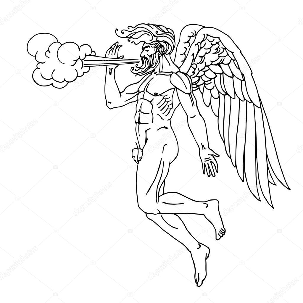 north wind, ancient Greek god Boreas flying on wings, mythological character, weather concept, vector illustration with black ink lines isolated on white background in cartoon and hand drawn style