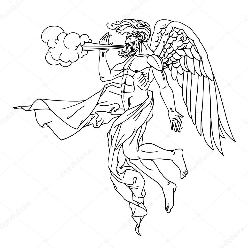 north wind Boreas, Greek god in drapery, flying on wings, mythological character, weather concept, vector illustration with black ink lines isolated on white background in cartoon and hand drawn style