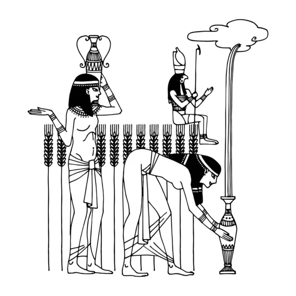 Египетский Бог Гор Помогает Красивым Крестьянам Собирать Воду Сбора Урожая — стоковый вектор
