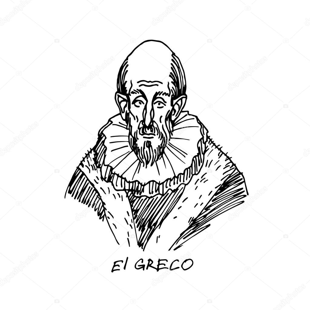 european famous Spanish painter, sculptor and architect El Greco, old man, caricature, sketch, vector illustration with black ink lines isolated on a white background in hand drawn style