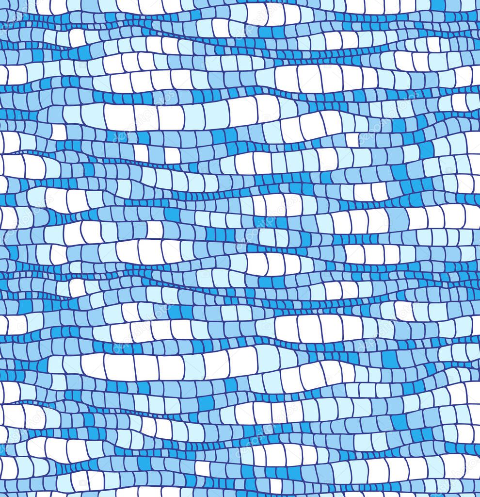 abstract seamless pattern, blue waves, textured water surface, decorative mosaic, design for textile and fabric, vector illustration with colored contour lines in doodle & hand drawn style