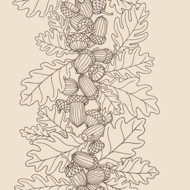 Süs ve arkaplan tasarımları, sınır, çerçeve, vektör illüstrasyonları için, kahverengi bir arkaplan karalama ve el çizimi tarzında, dikey ve dikey dikişsiz meşe palamudu deseni