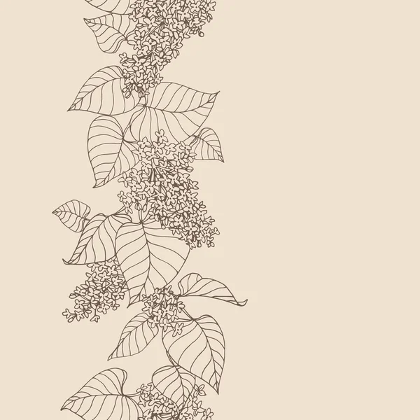 dikey dikişsiz desen, çiçekli ve yapraklı leylak dalı, süsler, dekoratif çerçeveler, sınırlar için, beyaz arkaplan ve el çizimi tarzında kontur çizgileri ile renk vektör çizimi