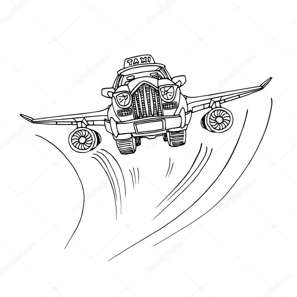 flying city taxi with airplane wings, future technology, fast transportation, vector illustration with black ink contour lines isolated on a white background in a cartoon and hand drawn style