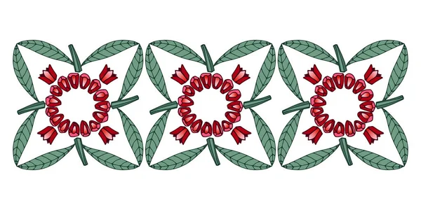 Ring Van Geschilde Rode Granaatappel Zaden Met Groene Bladeren Bloemen — Stockvector
