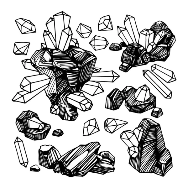 煤与矿物 魔法石与钻石和宝石 一块岩石与晶体 矢量与黑色墨水线孤立在白色背景漫画和手绘风格 — 图库矢量图片