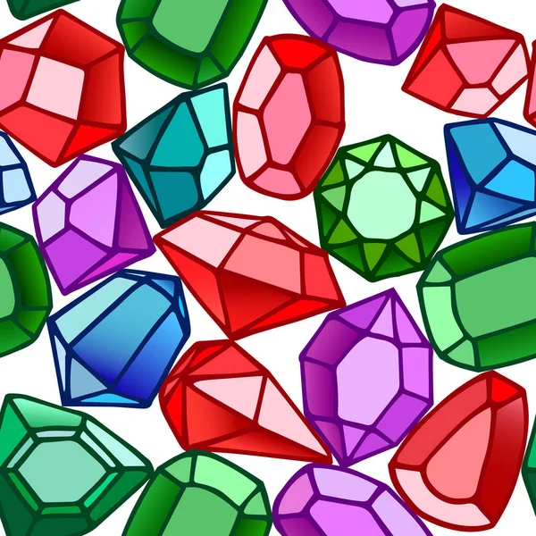 Seamless Pattern Gemstones Emeralds Sapphires Diamonds Rubies Glass Crystals Bijou — Stock Vector