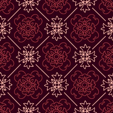 Çiçeksiz, soyut bir desen. İç dekorasyon için bir süs, tekstil, kumaş, örtü. Dövülmüş ızgara. Mor bir arkaplanda karalama tarzında kontur çizgileri olan renk vektör illüstrasyonu.