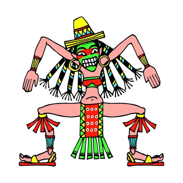 戴面具跳舞的萨满人女人 体毛和辫子 野墨西哥姑娘 用手绘的白色背景与黑色等高线隔开的彩色矢量插图和卡通画风格 — 图库矢量图片