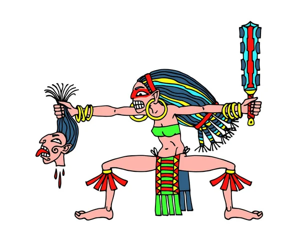 Mujer India Con Espada Azteca Cabeza Enemiga Amazona Salvaje Guerrera — Vector de stock