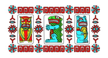 Kızılderili dekoratif totem hayvanları, baykuş, timsah, ayı, çerçeve veya sınır desenleri, el çizimi ve çizgi film tarzında beyaz arkaplanda izole edilmiş siyah çizgili renk vektör çizimleri