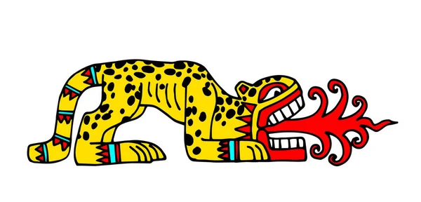 Leopardo Con Llamas Rojas Animal Sagrado Azteca Patrón Tradicional Indio — Vector de stock