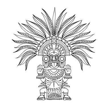 indian decorative totem, aztec god in feathered crown, shaman in mask, vector illustration with black ink contour lines isolated on a white background in a hand drawn and cartoon style