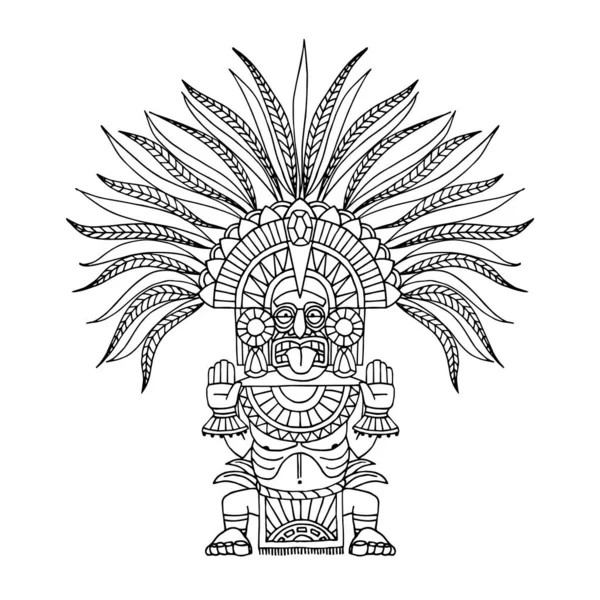 印地安人装饰图腾 头戴羽冠的阿兹特克神像 戴着面具的萨满 用黑色墨水画线表示矢量 用手绘白色背景隔离 卡通画风格 — 图库矢量图片