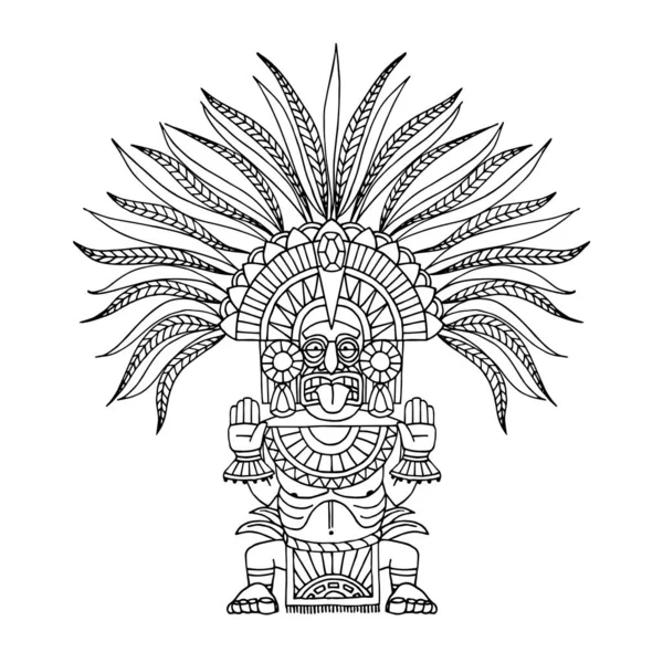 indian decorative totem, aztec god in feathered crown, shaman in mask, vector illustration with black ink contour lines isolated on a white background in a hand drawn and cartoon style
